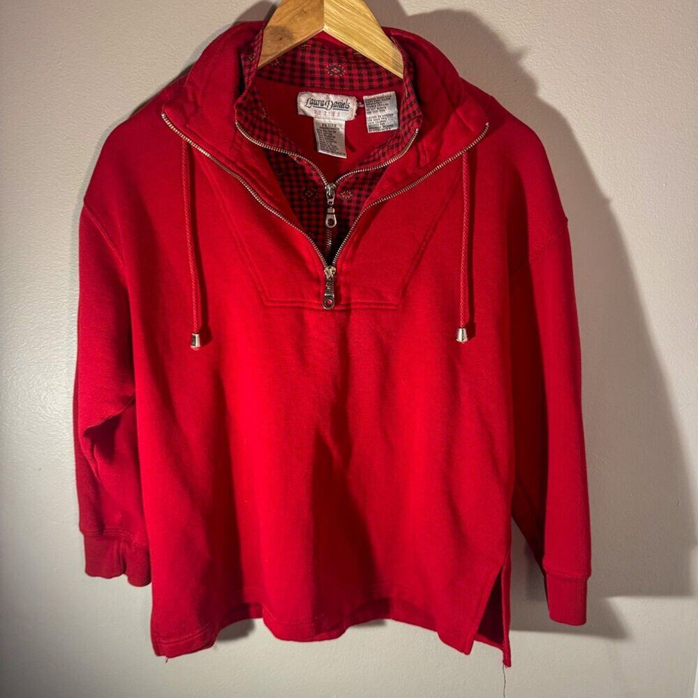 Vintage 90s Laura Daniels Red Plaid Layered Look Half-Zip Sweatshirt
